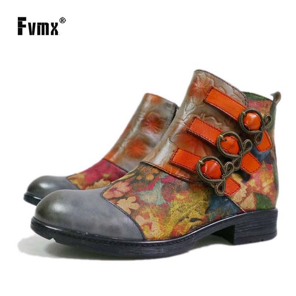 

fvmx 2020 new classic fashion four seasons boot genuine leather women shoes mixed colors round toe sewing embossing retro boots, Black