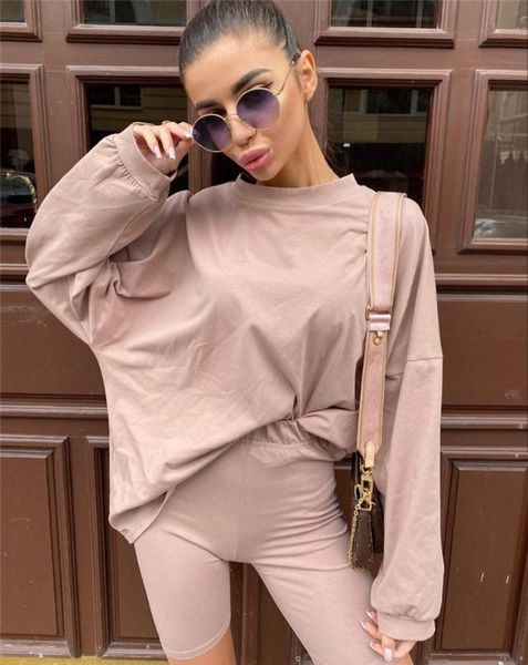 

2020 fashion women 2 pieces set tracksuits long sleeve loose causal t-shirt pullovers high waist biker shorts trousers new, Gray