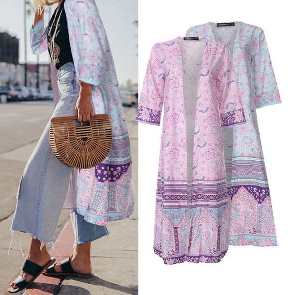 

women fashion beach long shirts celmia 2020 summer printed loose kimono cardigan casual bohemian cover up plus size blusas, White