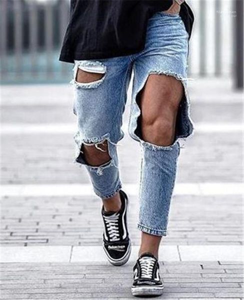 

fashion long regular mid waist designer mens pants light blue hole mens pencil jeans