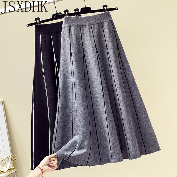 

skirts jsxdhk knitted skirt winter 2021 women's waist elastic striped casual vintage elegant medium/short dress, Black