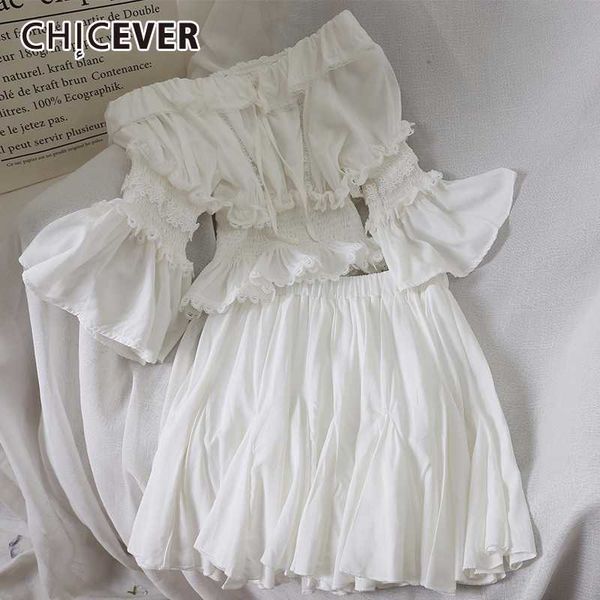 

chicever two piece set women slash neck flare sleeve off shoulder lace up tunic shirts high waist mini skirt female suit fashion, Gray
