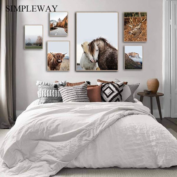 

scandinavian decoration picture autumn nature landscape wall art poster nordic style deer cow mountain print canvas painting
