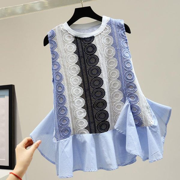 

sleeveless women chiffion blouse shirts summer korean 2020 fashion patchwork lady loose striped pullover blouse shirts, White