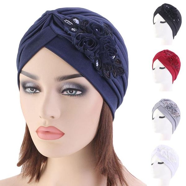 

women india hat muslim flower cancer chemo hat beanie skullies scarf turban head wrap cap pleated headscarf islamic arab bonnet, Blue;gray