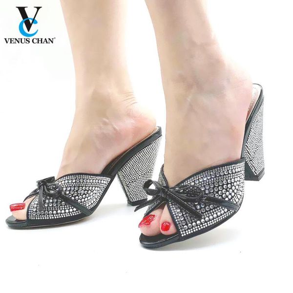 

2020 crystal platform high heel selling italian style slingbacks african women slippers decorated with rhinestone, Black