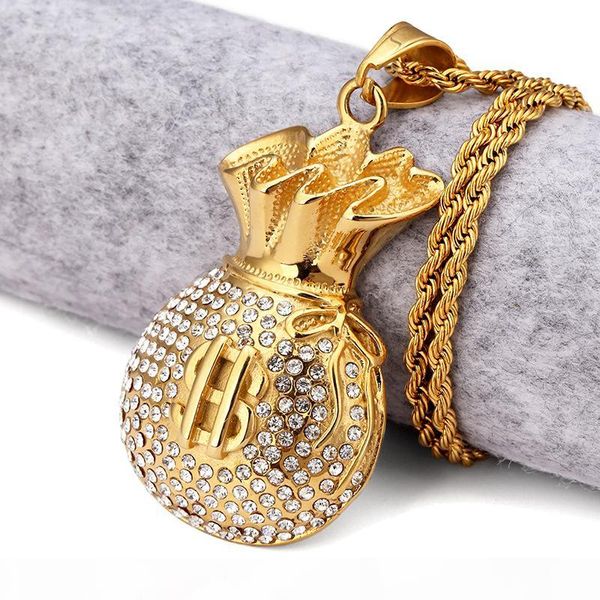

18k gold plated purse pendant necklace rhinstone us dollar sign cool fashion usd money bag shape hip hop men jewelry for gifts, Silver