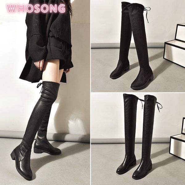 

2020 new fashion women boots spring winter over the knee heels boots flock long comfort square botines mujer thigh high, Black