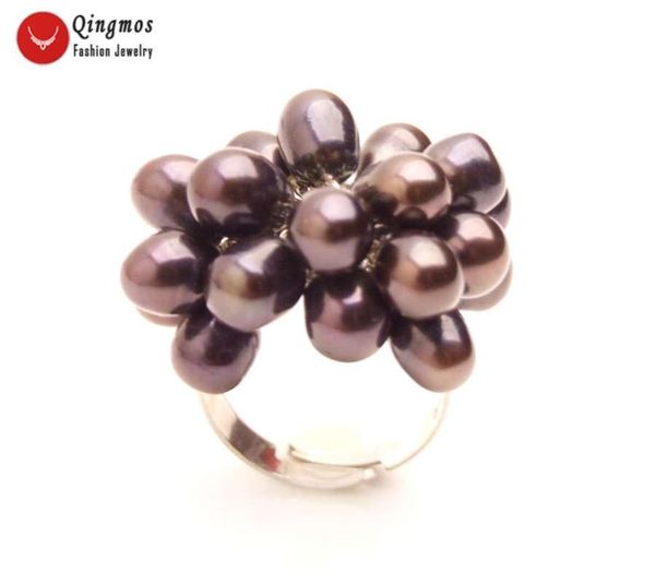 

qingmos мода 25мм цветок кольцо для женщин с 5-6мм черный рис природный жемчуг ring fine jewelry регулируемый # 7-9 rin28, Golden;silver