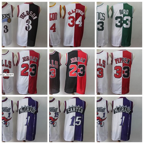 

men basketball split two colors jerseys sale michael allen iverson larry bird hakeem olajuwon tracy mcgrady vince carter all stitched, Black;red