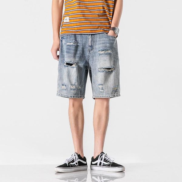 

hole denim shorts loose frayed poket zipper straight leg short pants male designer casual clothes summer youth retro, White;black