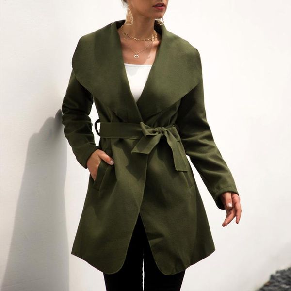

autumn women's casual hooded windbreaker coat turndown collar overcoat outerwear coat solid color trench belt slim, Tan;black