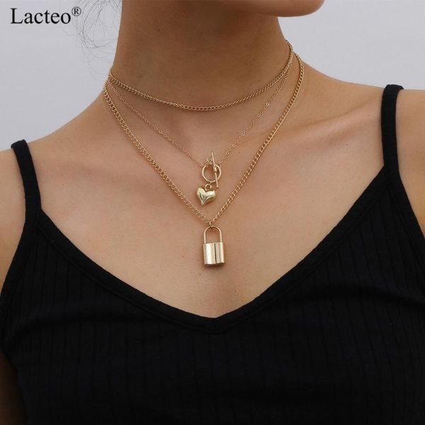 

lacteo gothic lock love heart pendant necklace street punk multi layered fine clavicle chain choker necklace jewelry for women, Silver