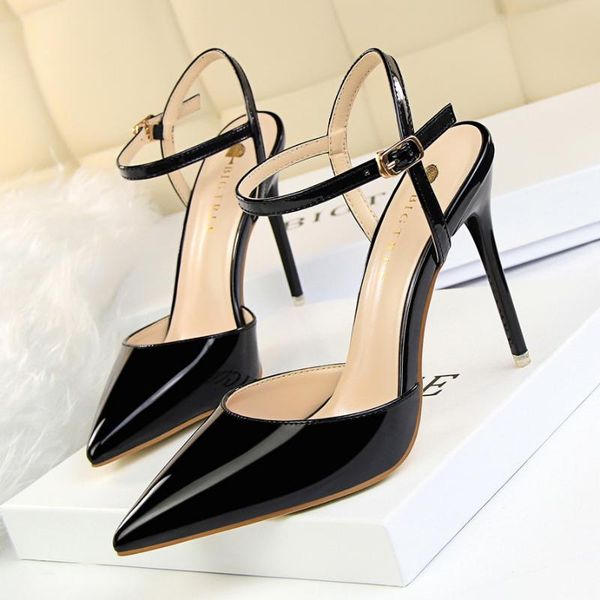 

women's shoes summer style simple thin heel ultra high heel shallow mouth pointed leather nightclub slim one-line sandals, Black