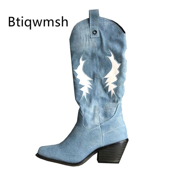 

blue denim cowboy boots women pointed toe embroidered high heel boots female knee high, Black