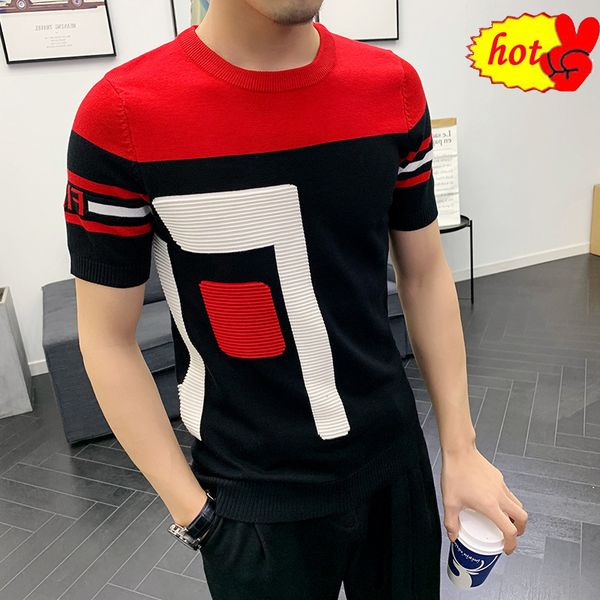 

short sleeve summer men's knit jacquard weave street clothing round sleeve fashion knitwear hombre, White;black