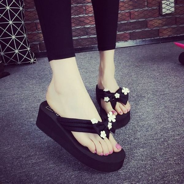 

new fashion thick bottom flip-flops female summer simple wedge with sandals and slippers slippery non-slip beach shoes, Black