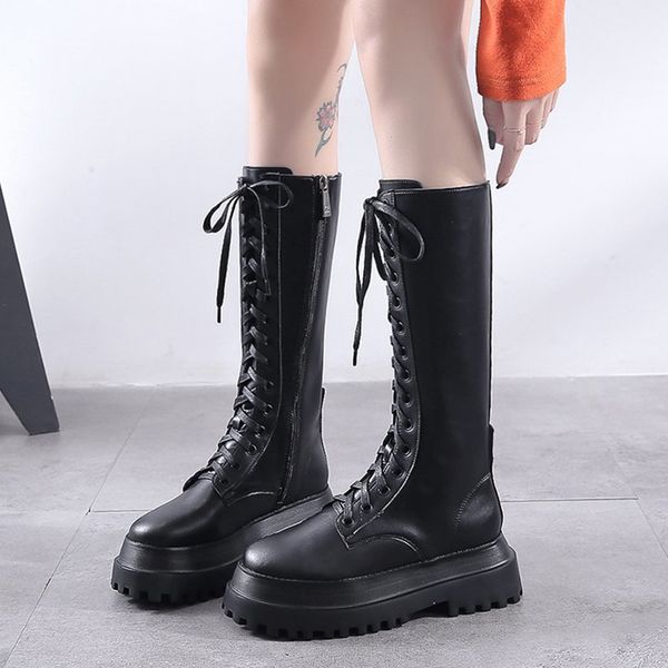 

rimocy autumn winter chunky platform boots women waterproof pu leather knee high boots woman thick bottom lace up long booties, Black