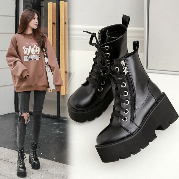 

luxury designer women boots round toe pu mid boots for women casual lace-up shoes woman plus size new brand 2020, Black
