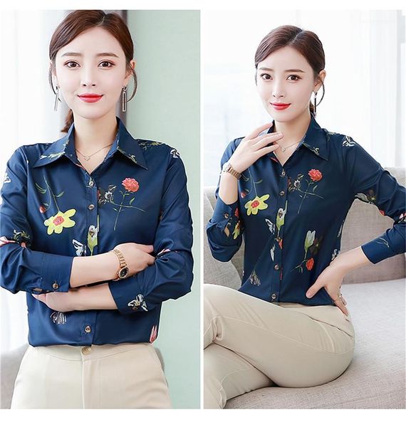 

printed long sleeve lapel neck single breasted shirts plus size women clothing autumn womens designer chiffon blouse flora, White