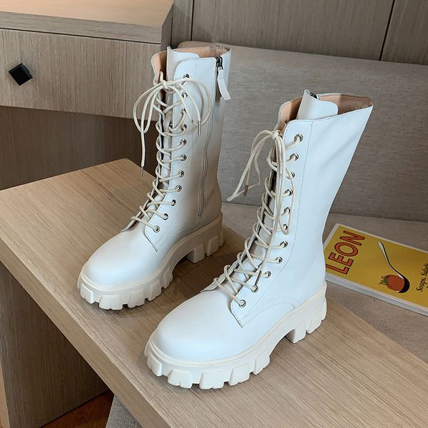 

woman lace autumn boots womens ladies chunky wedge platform black white mid calf boots punk goth new arrival 2020