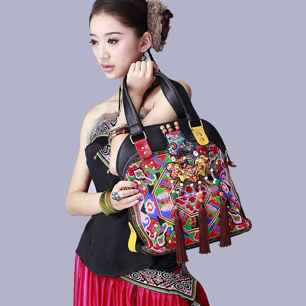 

shoulder bags brand black pu leather women ethnic embroidered handmade tassels