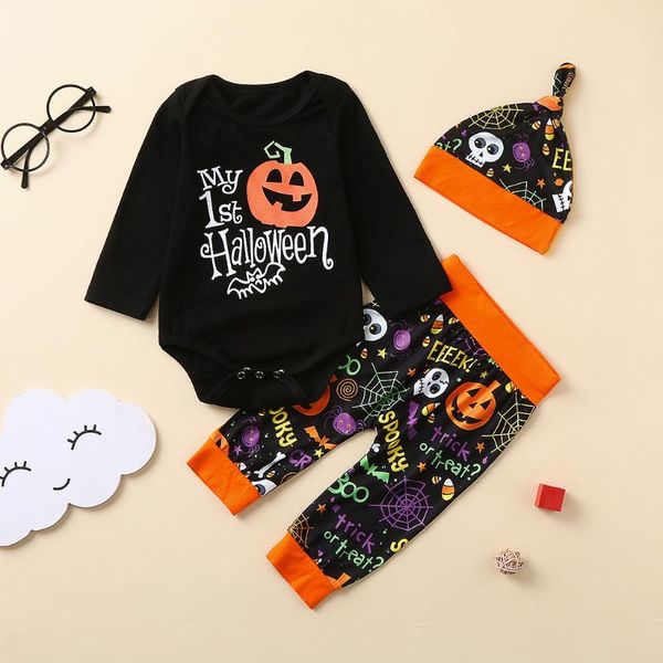 

new winter party-wear costume infant clothing set baby boy girl halloween letter romper bodysuit+cartoon pants+hat outfits, White