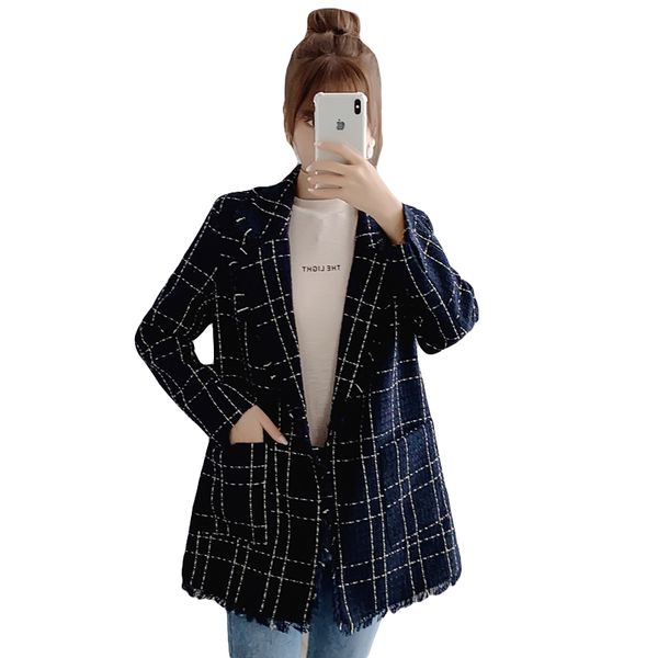

woman coats winter fashionable plaid wool jacket woman autumn winter gold standard suit tweed fringe coat and jackets women, Black