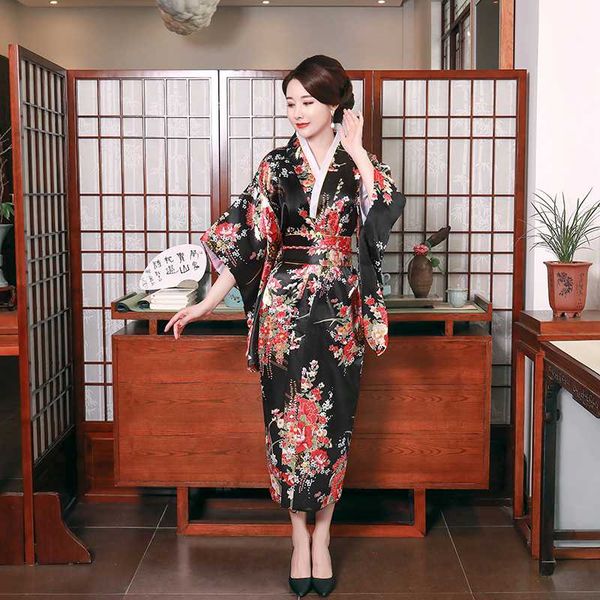 

black satin young lady new cosplay costume performance clothing v-neck japanese kimono bathrobe gown evening party prom dress, Red