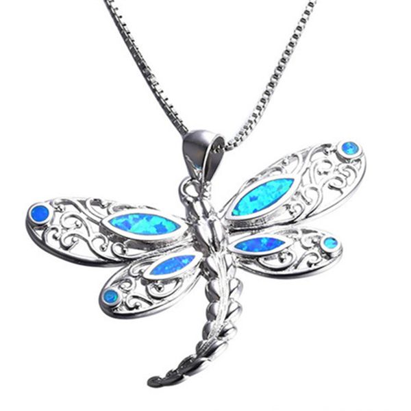 

fashion vintage hollow crystal dragonfly zircon statement necklaces women blue fire opal pendant necklace boho chain jewelry, Silver