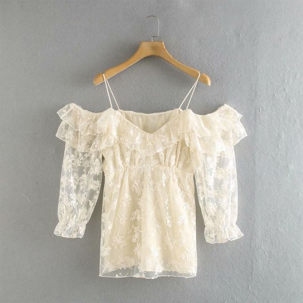 

2020 summer women mesh off shoulder blouses shirts long sleeve floral embroidery female fashion clothes blusas, White