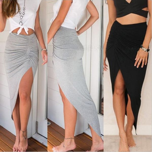 

2020 new womens side high split irregular skirts shirring design pleated ladies skinny slit maxi long pencil skirt, Black