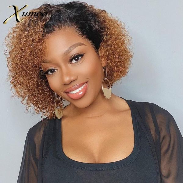 

xumoo ombre brown kinky curly bob wig remy human hair wigs bob lace front wigs human hair lace front for black women, Black;brown