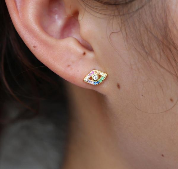 

wholesale- eye charm gold silver plated 925 sterling silver rainbow colorful cz paved bright silver eye stud01, Golden;silver