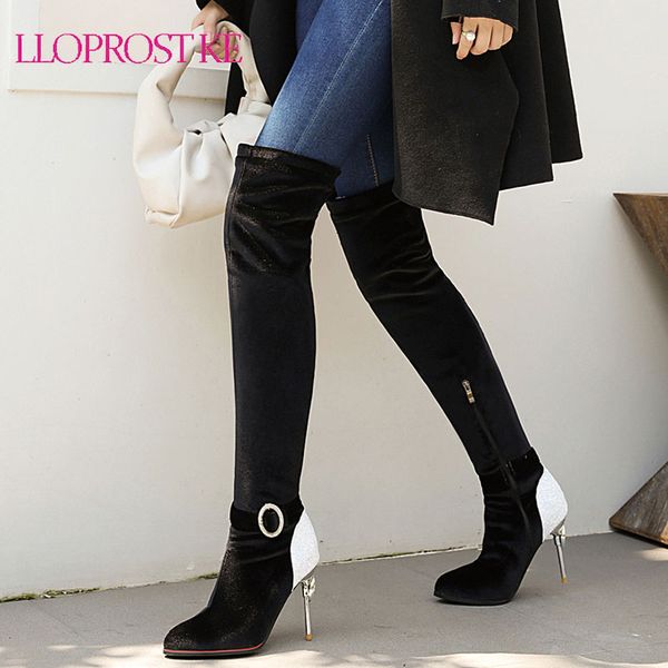 

lloprost ke 2020 autumn 9cm high heels women boots flock over the knee boots lady thin heels thigh high long, Black