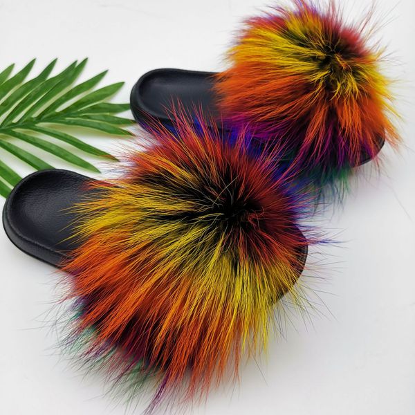

summer fluffy raccoon fur slippers shoes women real fox fur flip flop flat furry fur slides outdoor sandals woman amazing shoes, Black
