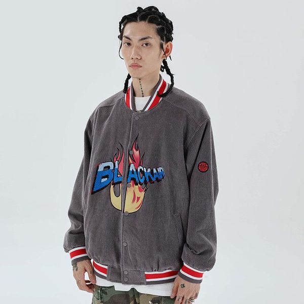 

japanese style vintage corduroy fashion jackets streetwear hip hop flame embroidered couple baseball jacket men and women, Black;brown