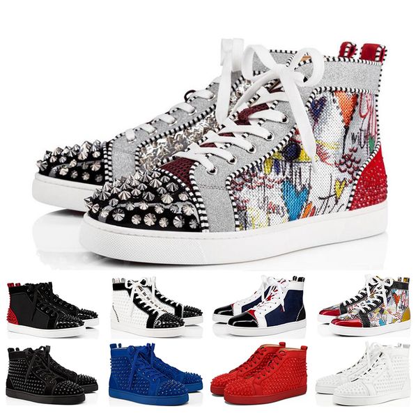 

fashion red soles low cut men women fashion shoes studded spikes high black white glitter leather suede mens flats casual shoe 36-47