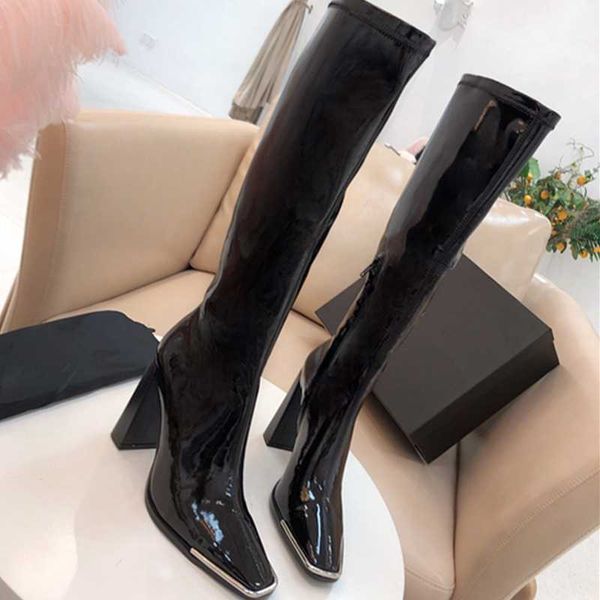 

2020women boots mental decor spring winter knee genuine leather long comfort square botines mujer chunky high boots, Black