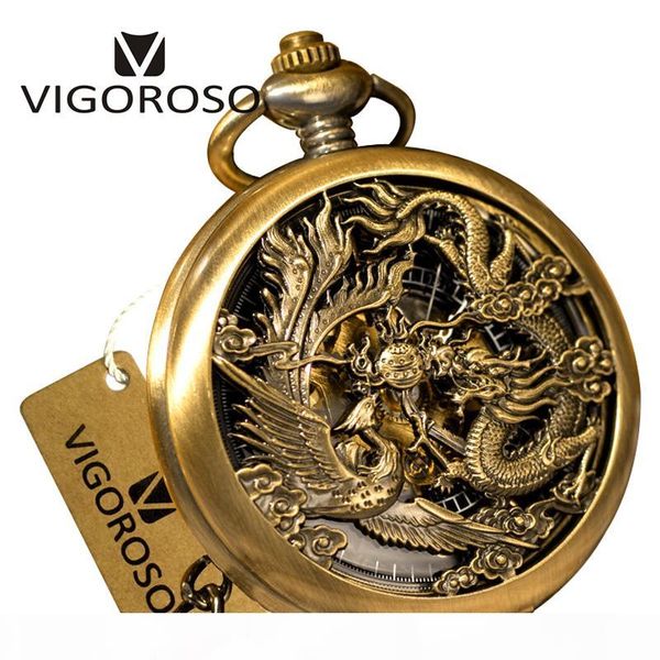 

2017 new bronze steel vintage retro steampunk skeleton designer dragon&phoenix mechanical hand wind designerket watch fob chain clock, Slivery;golden