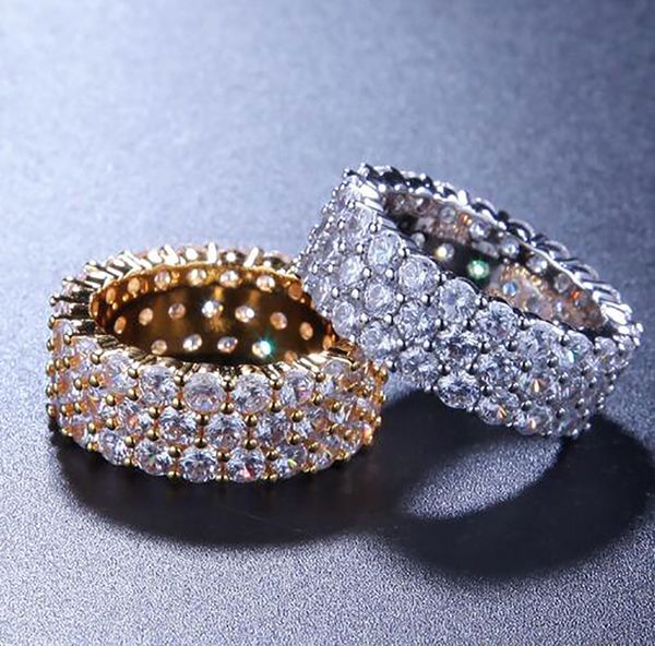 

3 row 360 eternity rings 18k gold silver color plated rings micro paved zircon hip hop finger ring for men women, Golden;silver