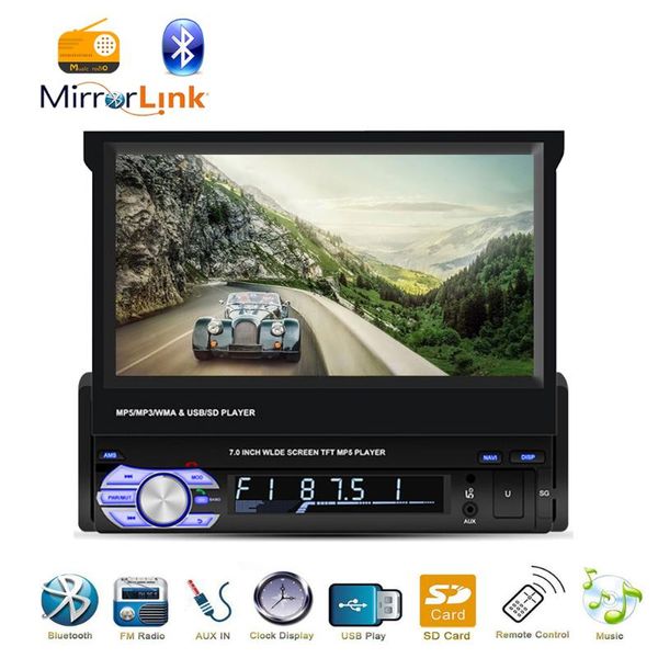 

7" 1 din car radio player auto stereo retractable touch screen autoradio car mp5 player bluetooth fm usb mirror link