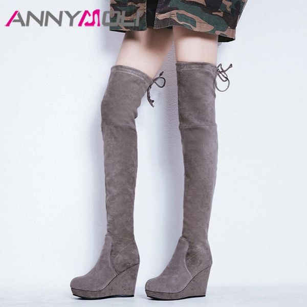 

annymoli winter thigh high boots women kid suede wedge high heel over the knee boots slim stretch shoes ladies autumn 33-40, Black