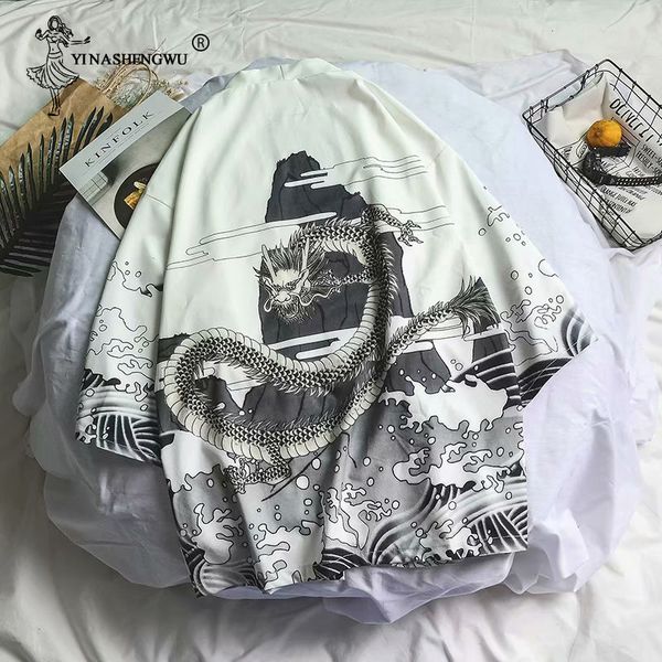 

yukata women cosplay costume kimono harajuku japanese streetwear style waves flying dragon loose chiffon cardigan kimono, Red