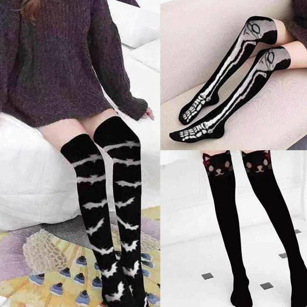 

halloween girls women sports socks cotton stockings cat skeleton bat print high long stockings over knee thighs sportswear, Black