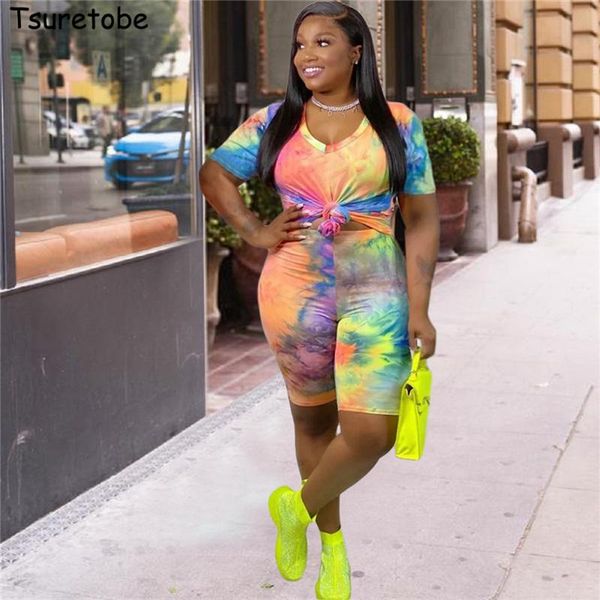 

tsuretobe plus size tie dye print 2 piece set women tracksuit summer outfits tee and biker shorts matching sets clothes xl-4xl t200721, Gray