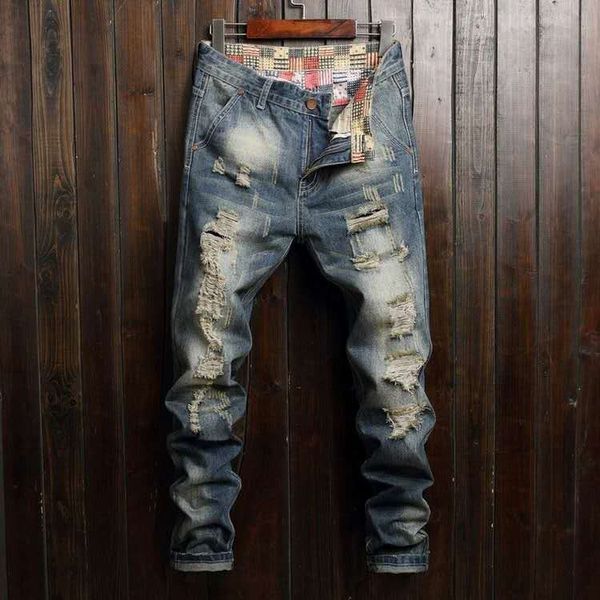 

men's new jeans sports running motorcycle driver's jeans tight fitting slim fit holes popular cool beggar mottled dongzhen pants, Blue