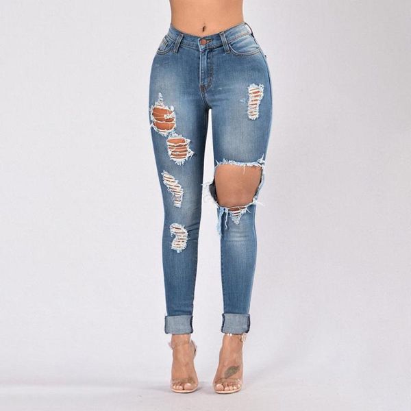 

women's jeans fashion ripped women high waist big hole elastic long pencil pants tight trousers pantalones vaqueros mujer #0317, Blue
