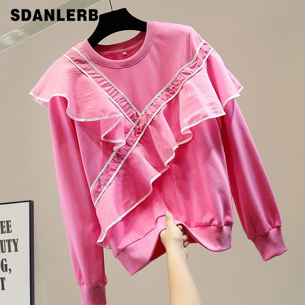 

loose hoodie woman autumn new fashion sweatshirt female lady sweet ruffled round neck longsleeve pullovers tracksuits pink, Black