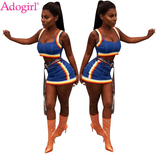 

adogirl colorful braid jeans two piece set for women cropped tank mini skirt female night club outfit summer suits, Gray